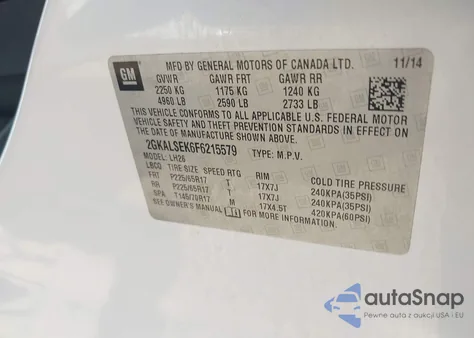 2015 GMC Terrain Slt-1 z USA, uszkodzony, nr VIN 2GKALSEK6F6215579